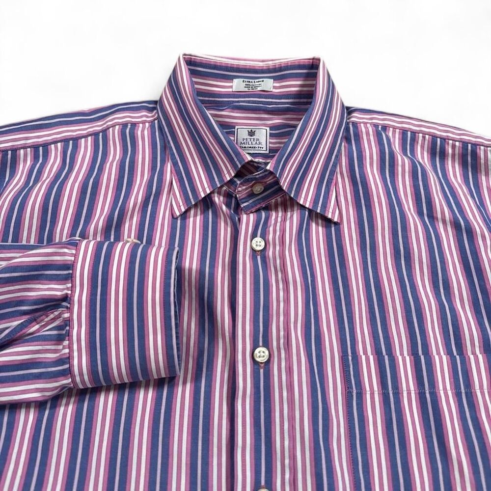 Peter Millar Tailored Fit Men's Long Sleeve Button-Up Shirt Pink Blue Striped XL